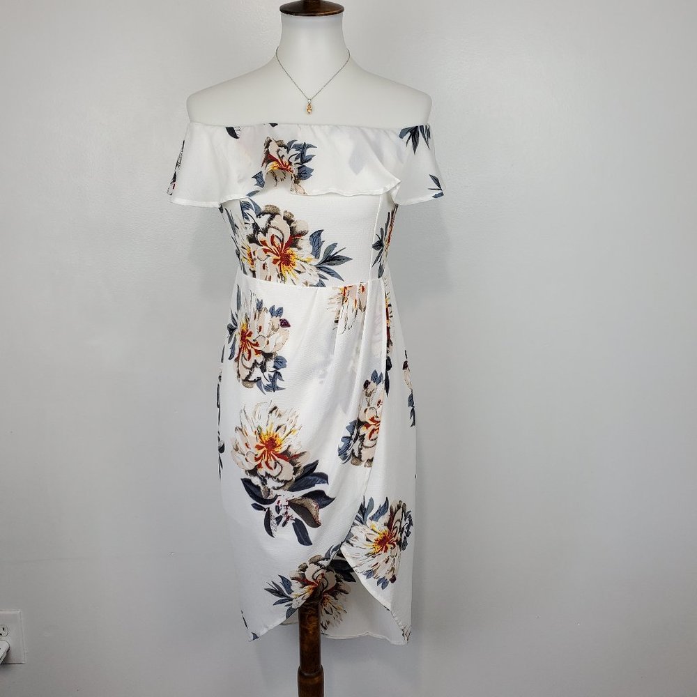 Off The Shoulder Floral Ruffle Top Textured Dress, See Measurements